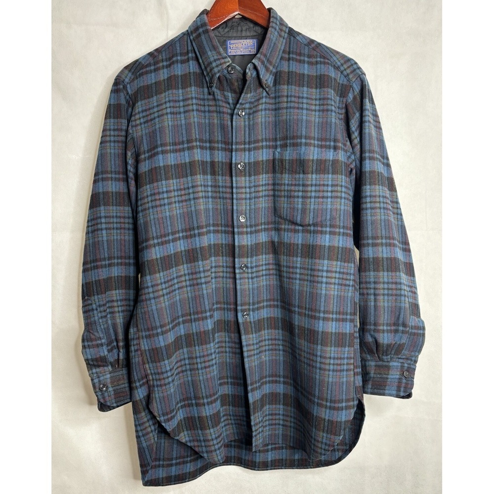 Pendleton Shirt Mens M Vintage 1960s Plaid Wool Shirt Blue Button Down Collar